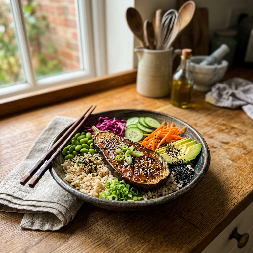 Vegan miso aubergine bowl