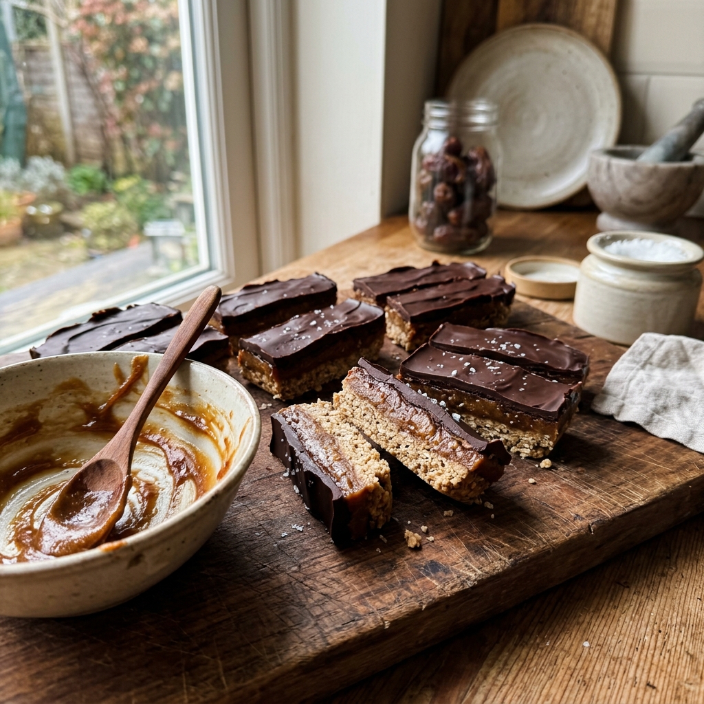 Vegan almond chocolate bars with date caramel