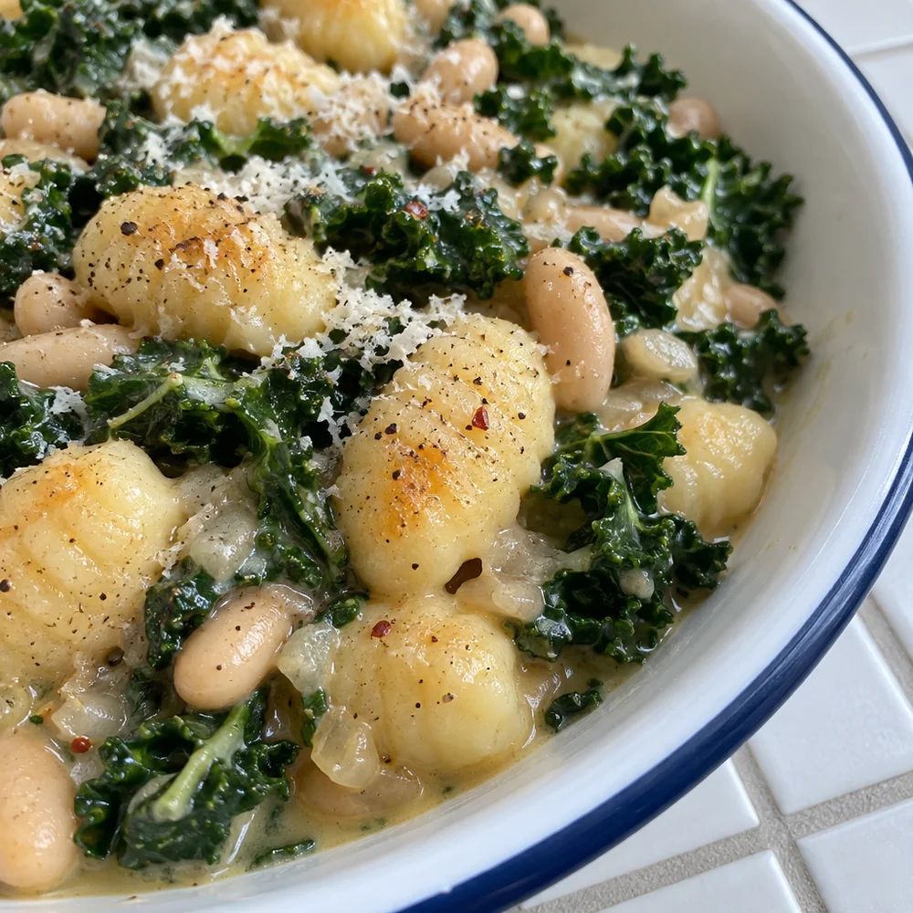 Vegan one-pot gnocchi with cannellini beans and kale