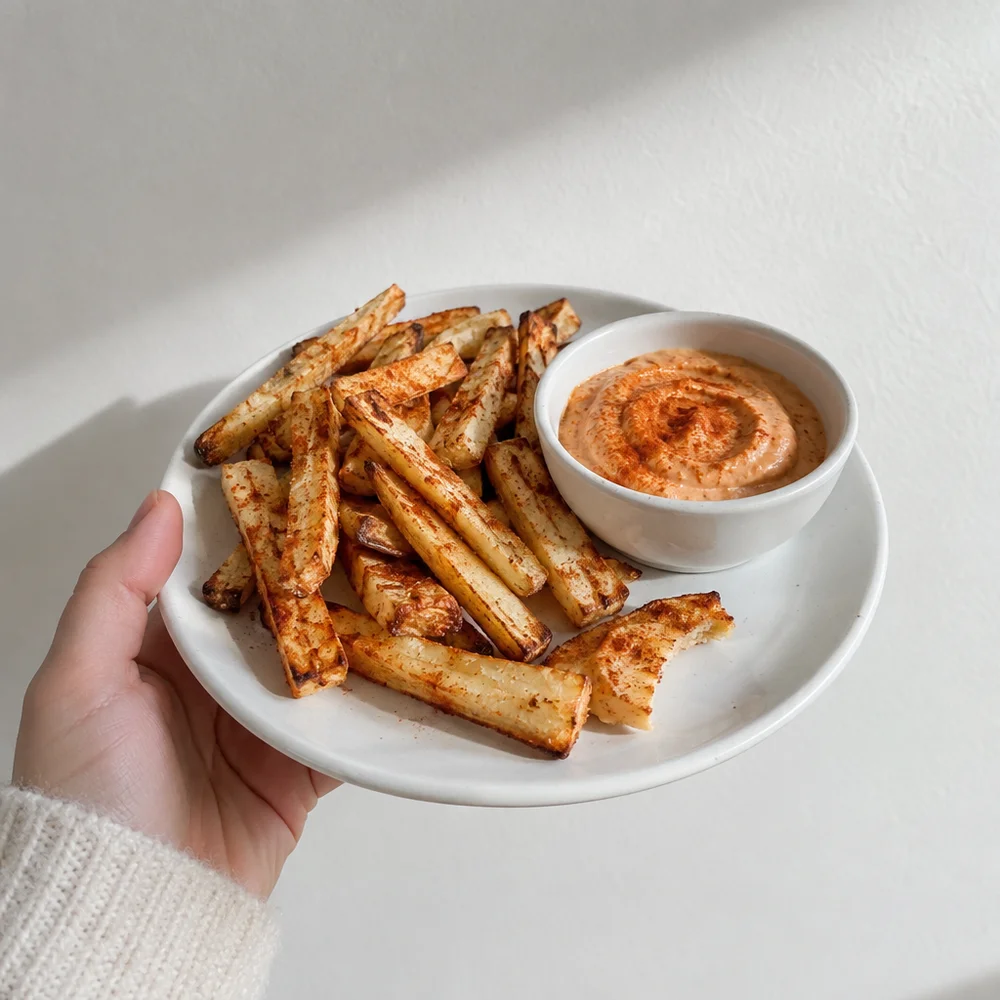 Vegan air fryer parsnip fries with smoked paprika dip