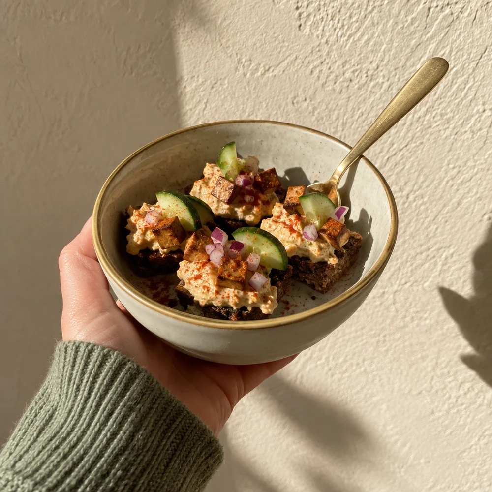 Vegan pumpernickel bites with smoked tofu cream and cucumber