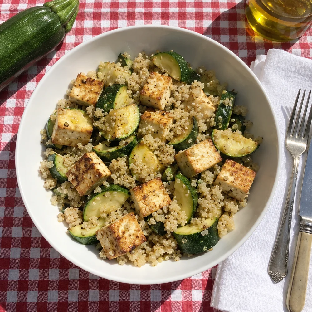 Vegan quinoa bowl with fried tofu