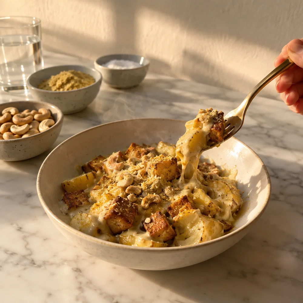 Vegan raclette pans with smoked tofu and cashew cheese sauce