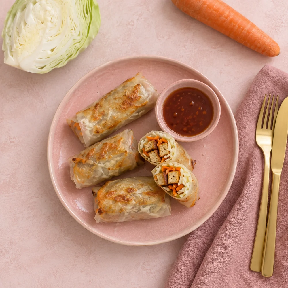 Vegan air fryer rice paper spring rolls with smoked tofu