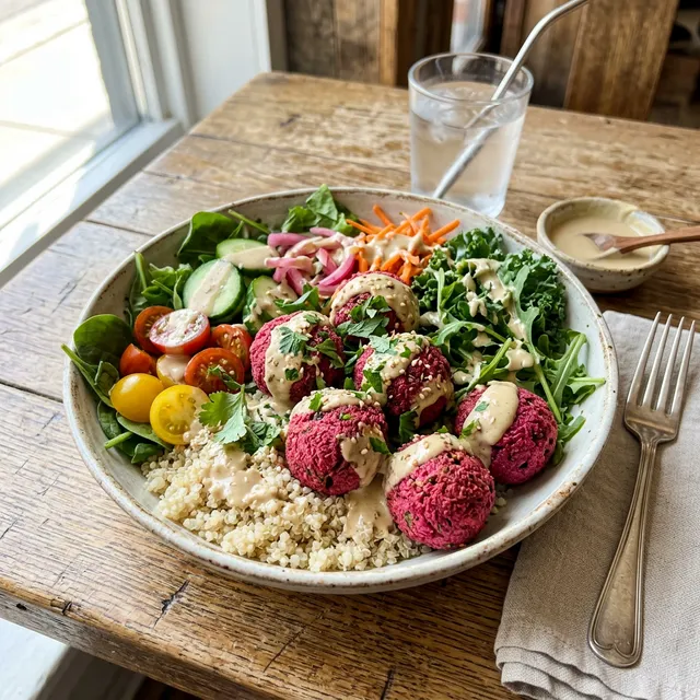 Vegan beetroot falafel bowl