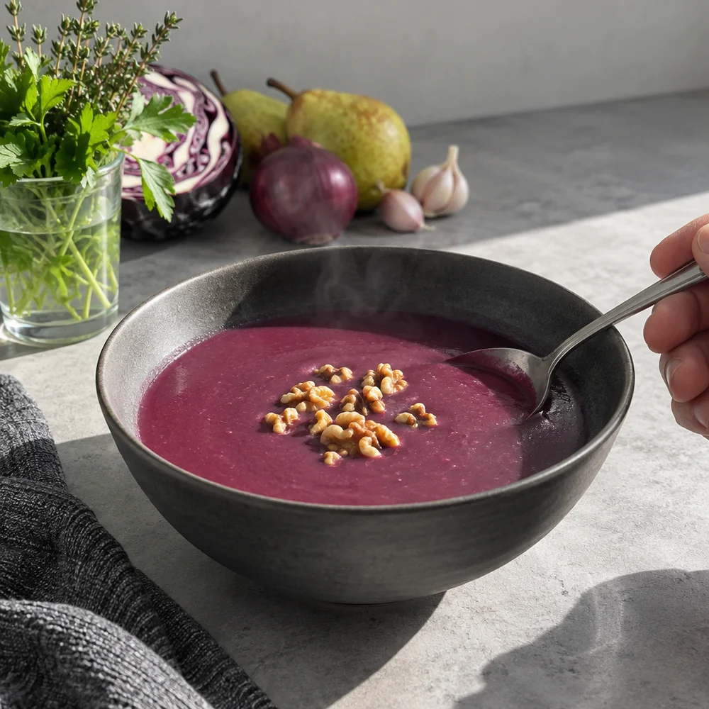 Vegan red cabbage and pear soup with walnuts