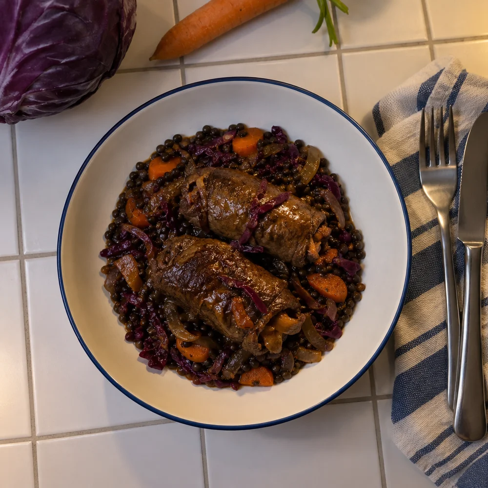 Vegan red cabbage rolls with lentils and chestnuts