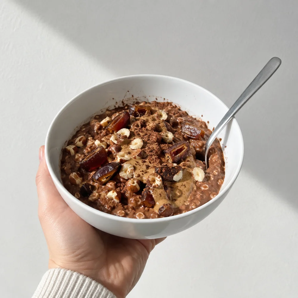 Vegan chocolate and hazelnut overnight oats with dates