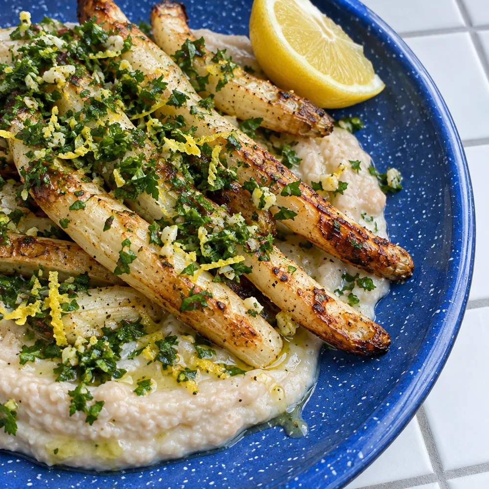 Vegan air fryer salsify with bean purée and gremolata