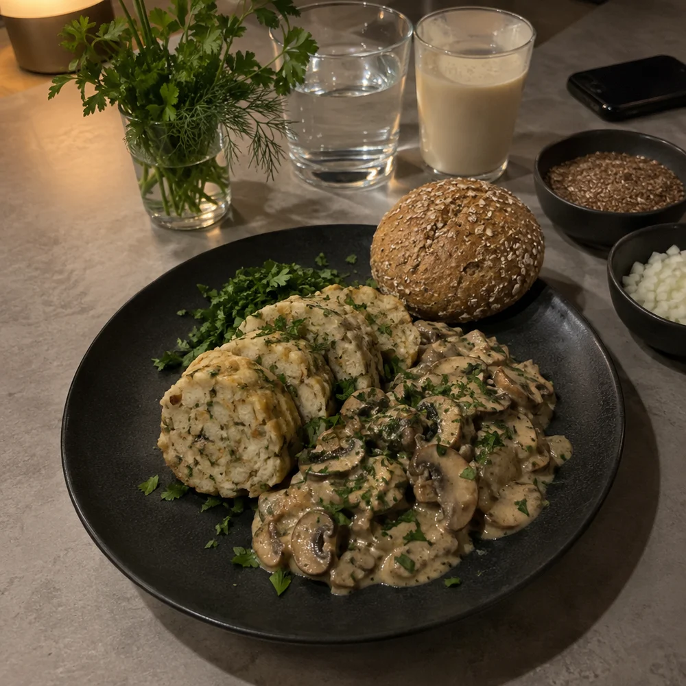Vegan napkin dumplings with mushroom ragout and cashew cream