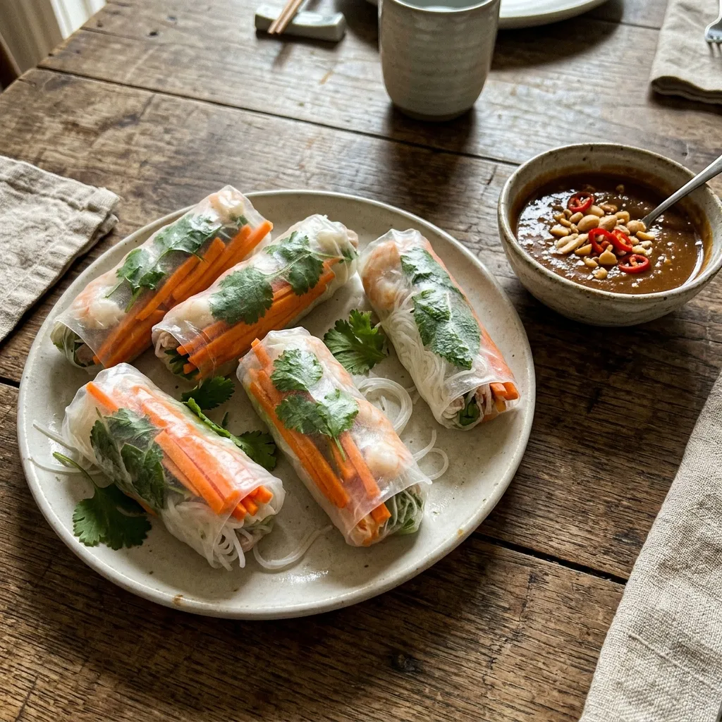 Vegan summer rolls with peanut dip