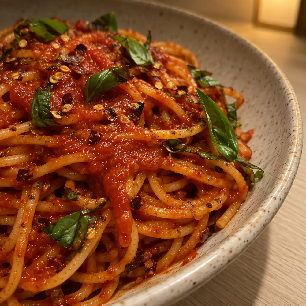 Vegan spaghetti all'assassina with chilli and basil