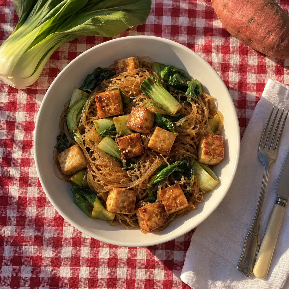 Vegan sweet potato glass noodles with sesame tofu