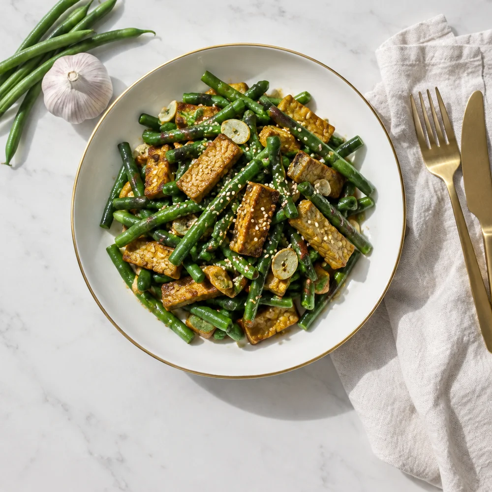 Vegan tempeh stir-fry with green beans