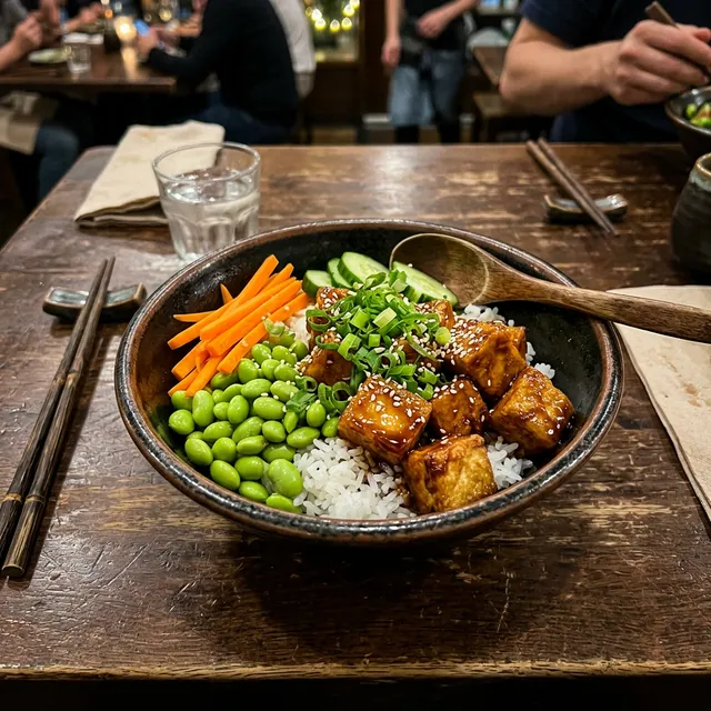 Vegan teriyaki bowl with edamame