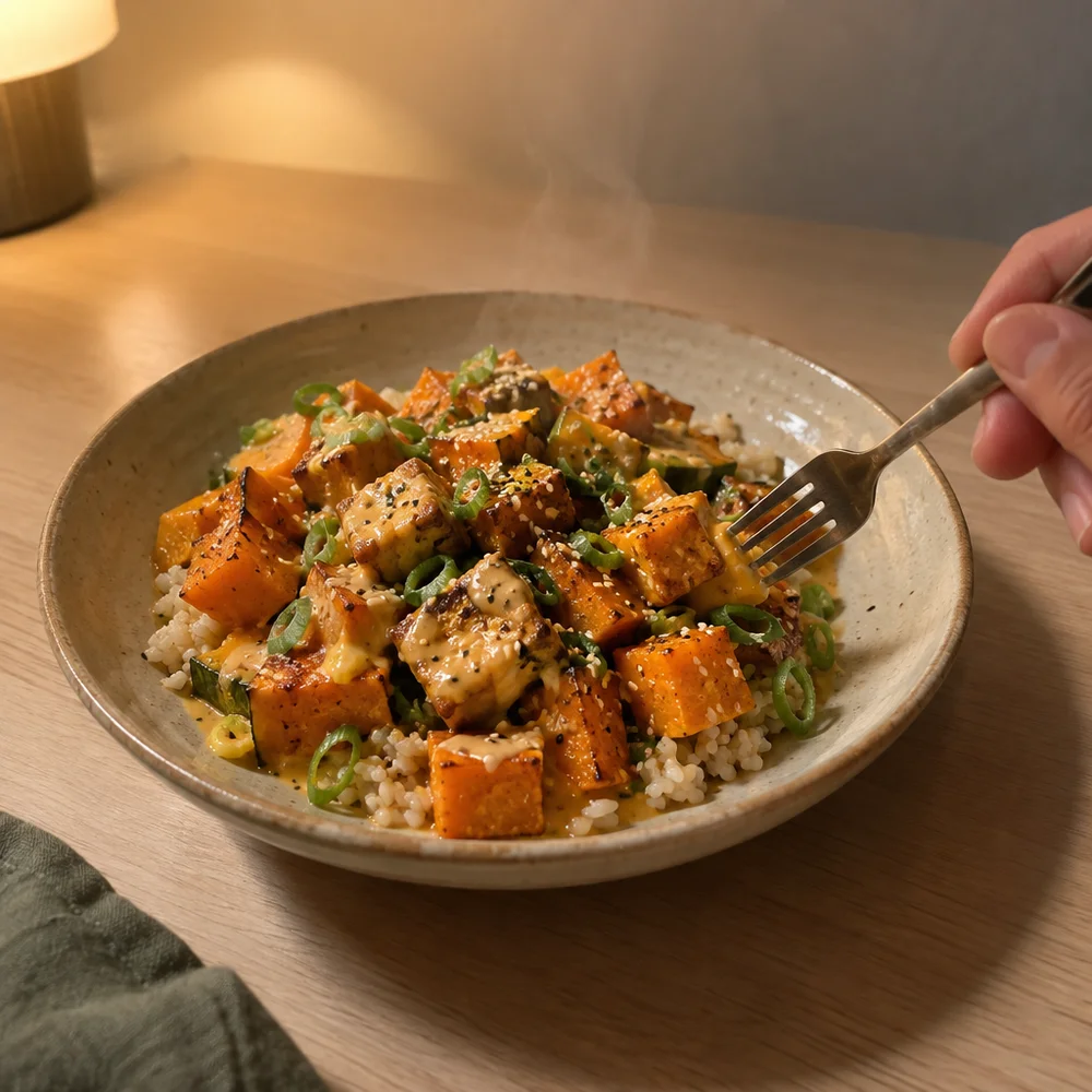 Vegan air fryer tofu cubes with squash and sesame ginger sauce