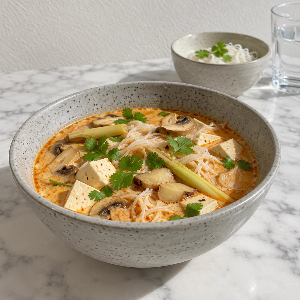 Vegan tom yum soup with tofu, mushrooms and rice noodles