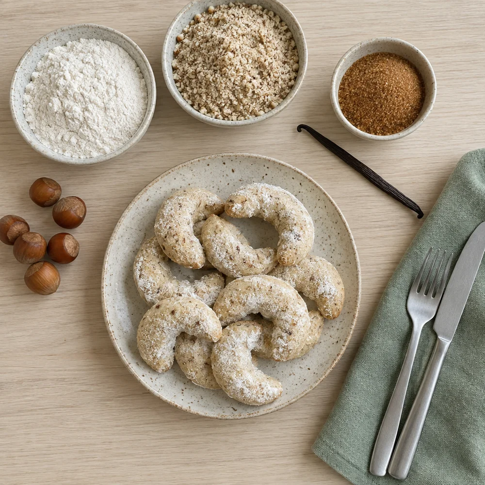 Vegan Vanillekipferl (vanilla crescent cookies) with hazelnuts and spelt