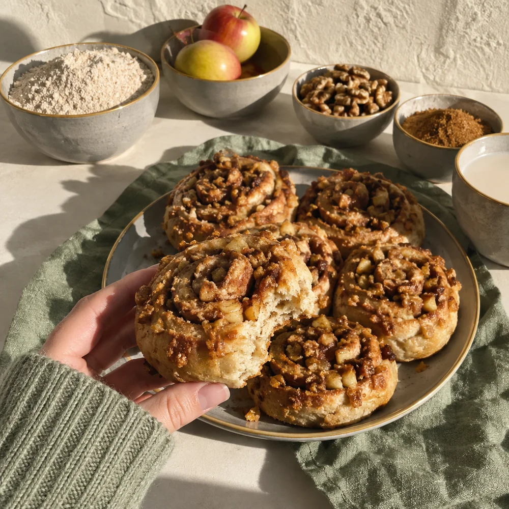 Vegan cinnamon rolls with apple and walnut filling