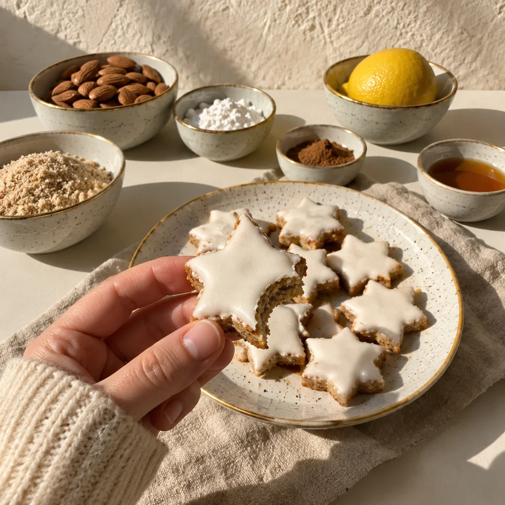 Vegan Zimtsterne (cinnamon stars) with almonds and coconut glaze