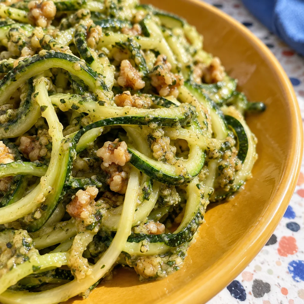 Vegan courgette pasta with walnut pesto