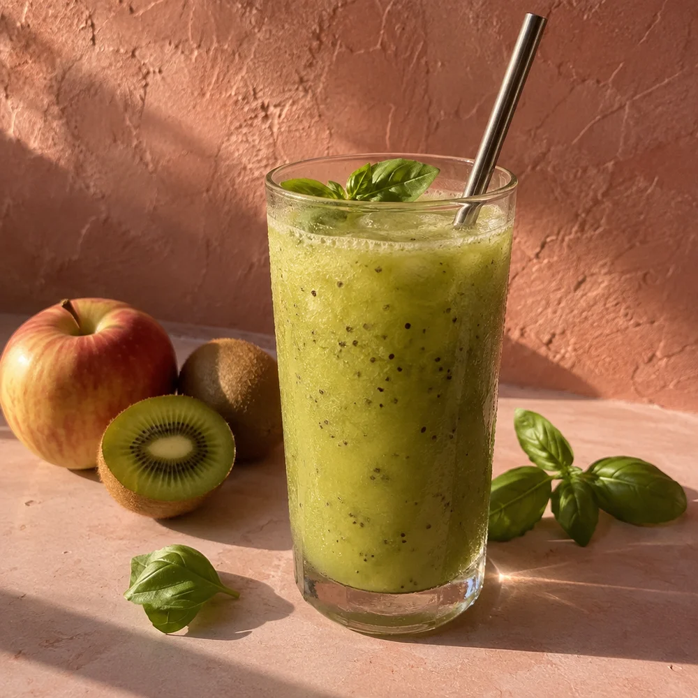 Vegan apple, kiwi and basil juice