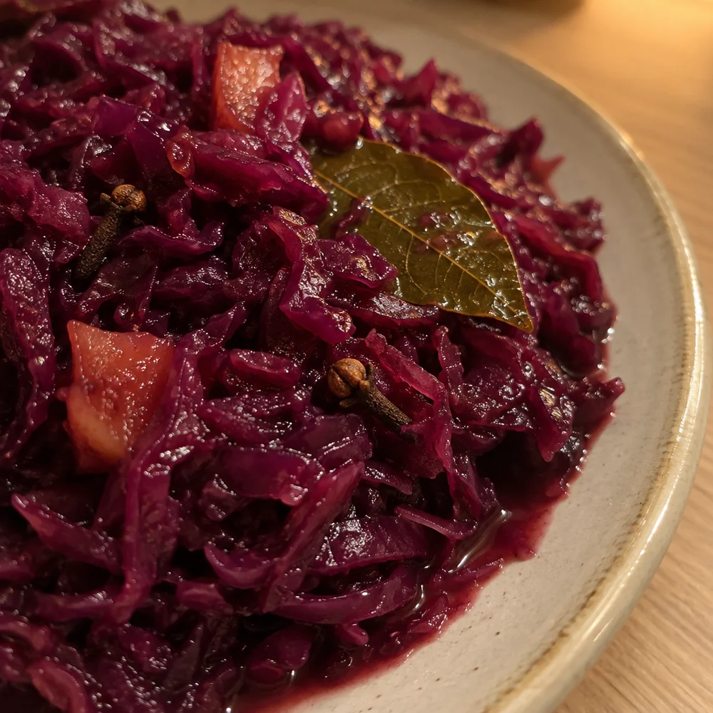 Vegan red cabbage with apple, cloves and bay leaves