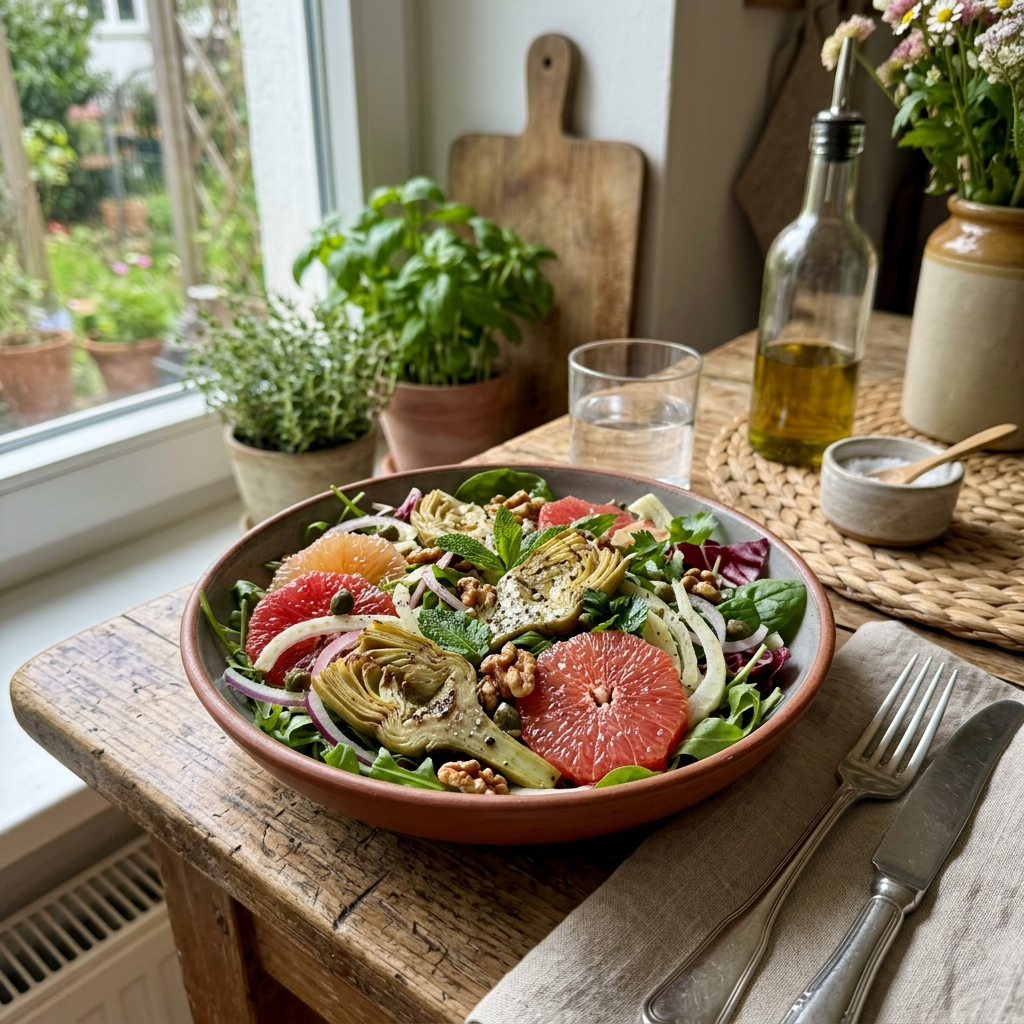 Vegan artichoke and grapefruit salad