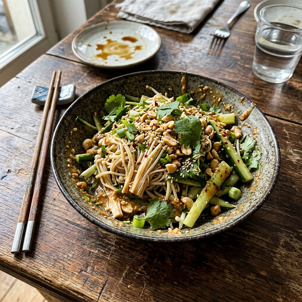 Vegan Asian enoki mushroom salad with peanut