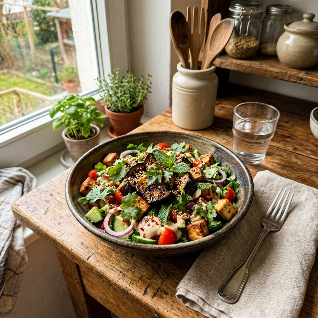 Vegan aubergine and tofu salad