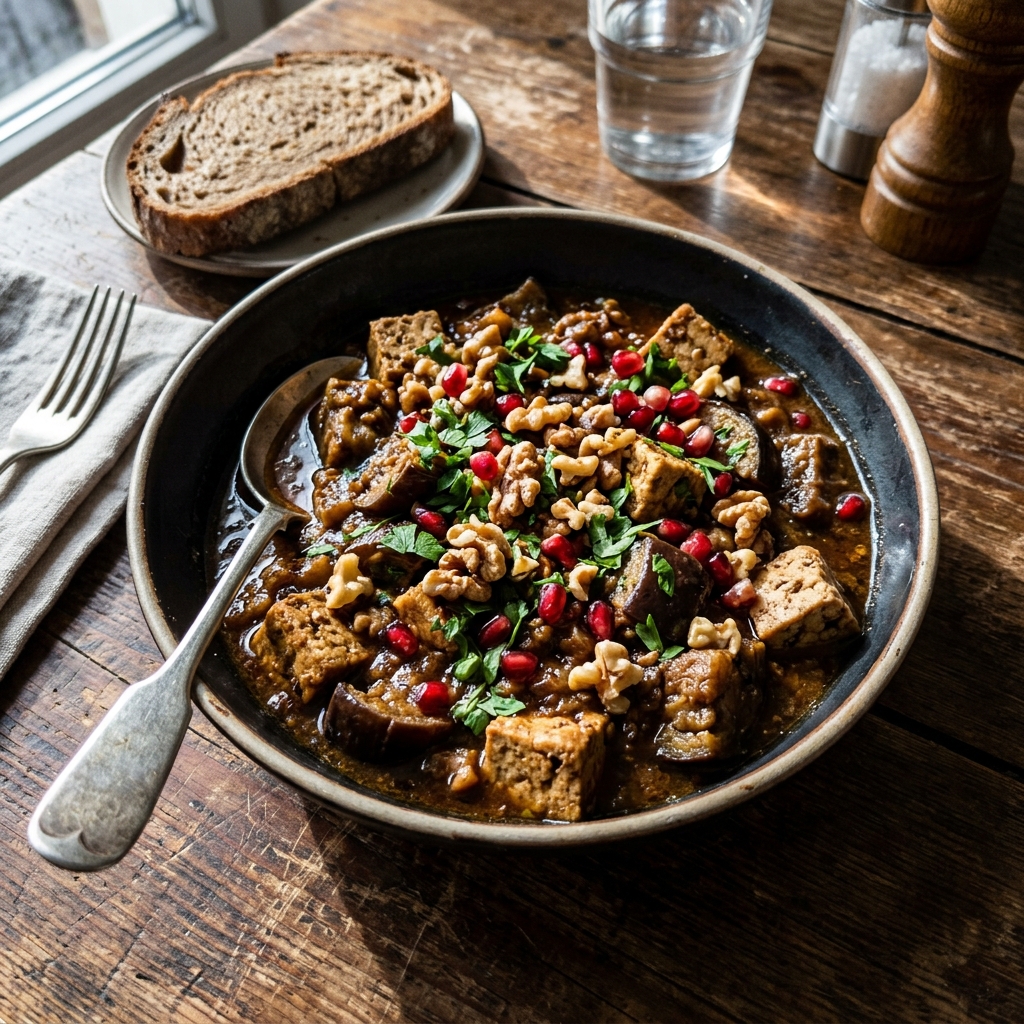 Vegan aubergine and walnut stew