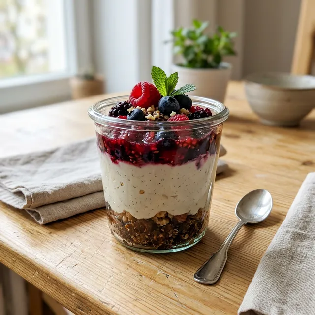 Vegan berry and cashew cheesecake in a glass
