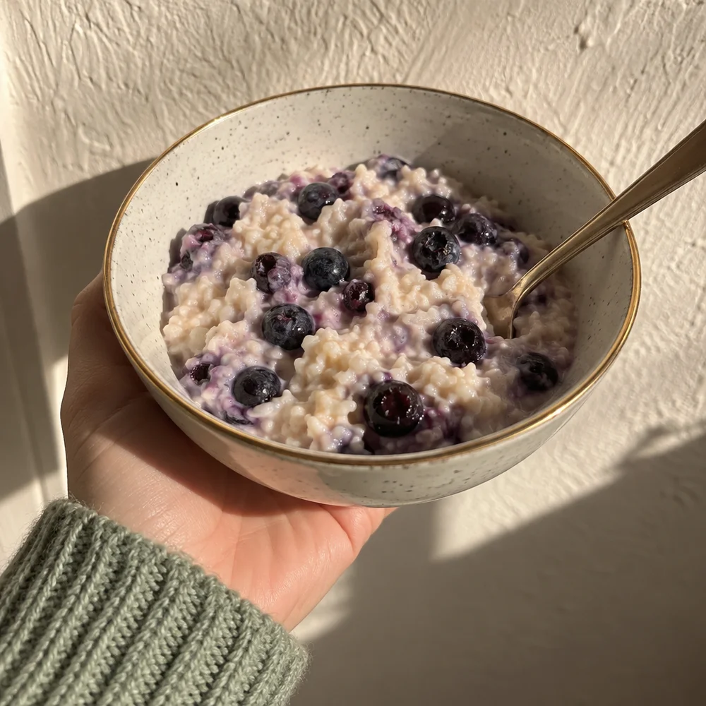 Vegan baked blueberry rice pudding