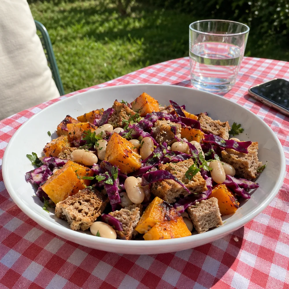 Vegan bread salad from stale bread with roast squash and red cabbage