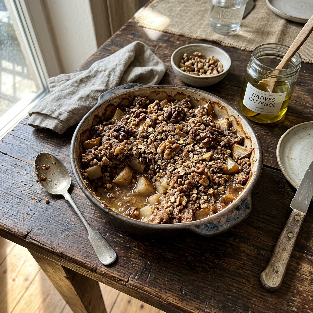 Vegan buckwheat and pear crumble