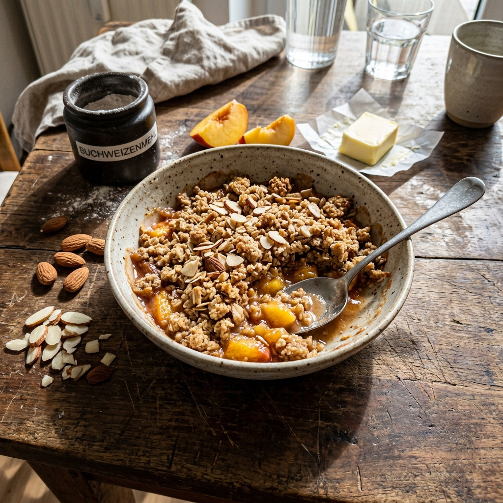 Veganer Buchweizen-Crumble mit Pfirsich