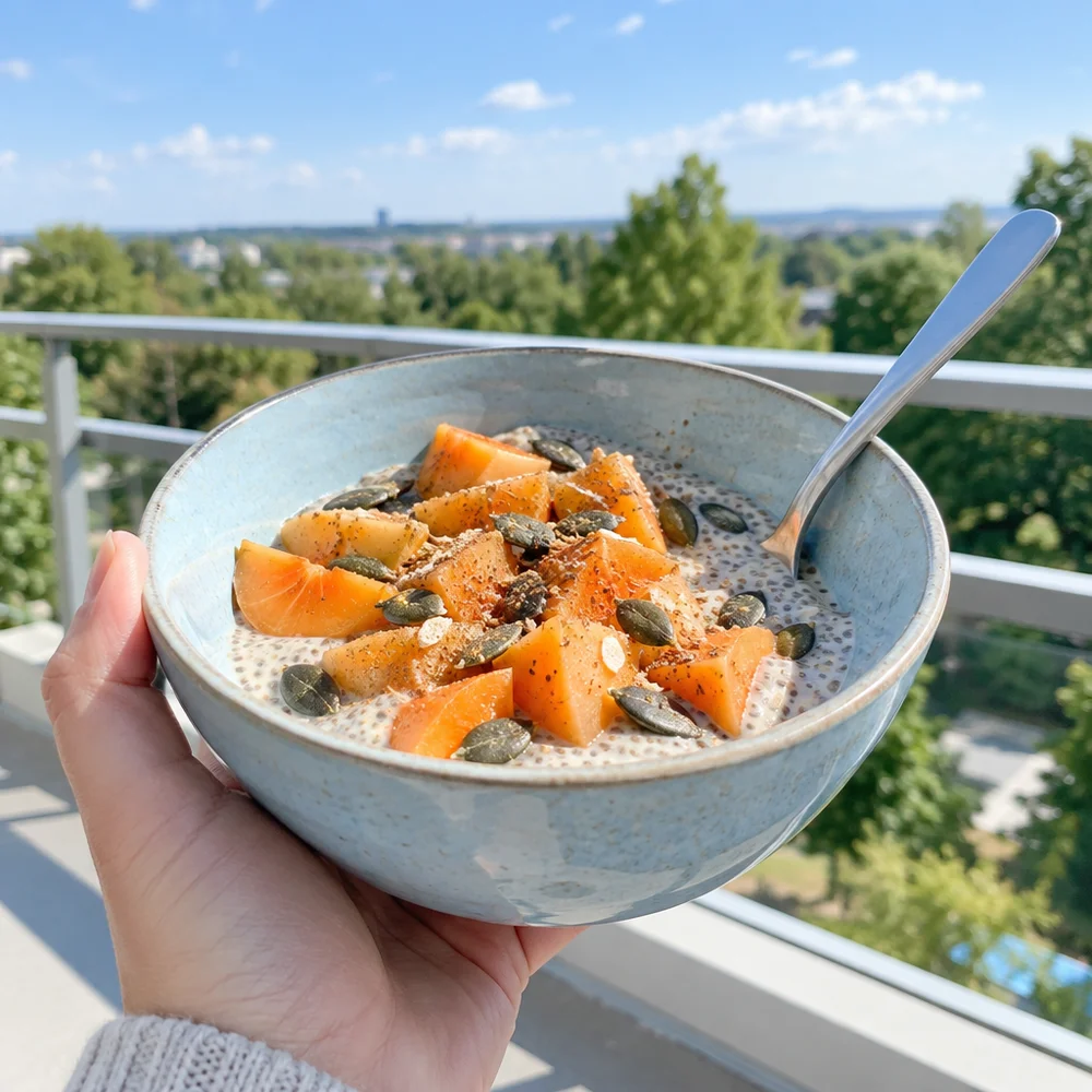Vegan chai chia pudding with persimmon and pumpkin seeds