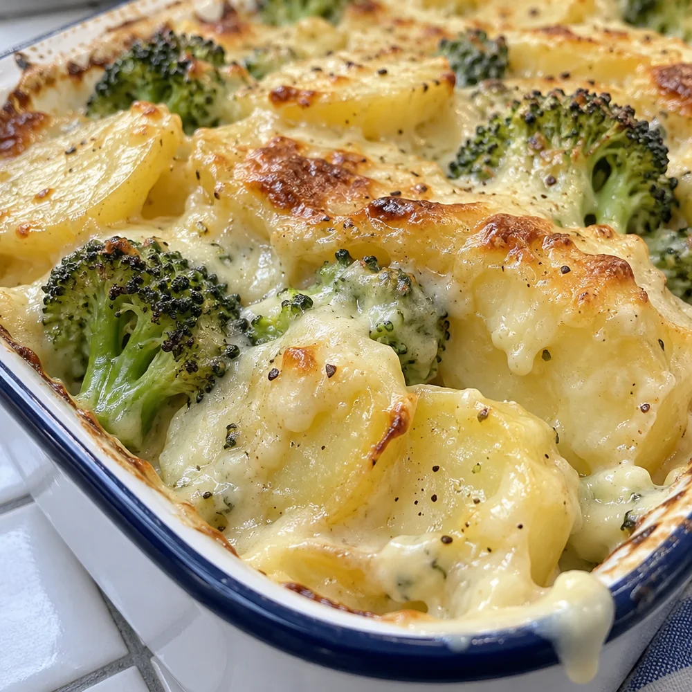 Vegan creamy broccoli and potato bake