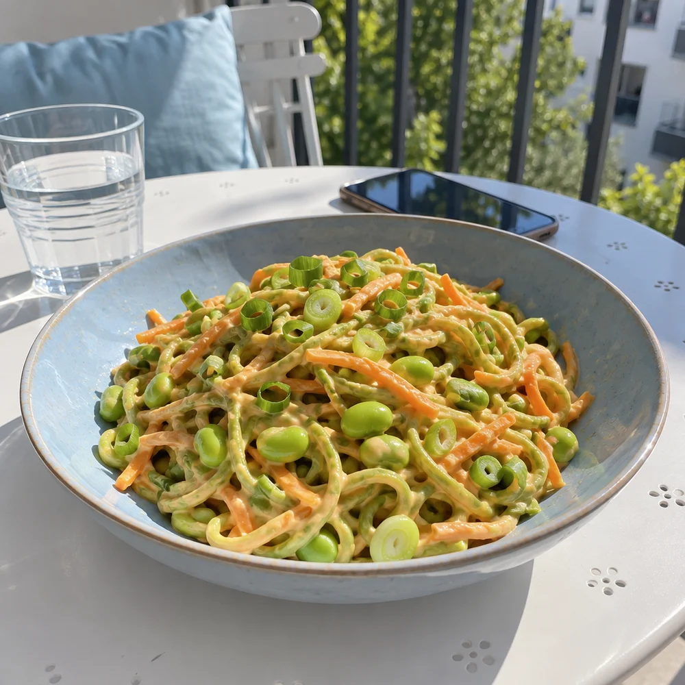 Vegan creamy edamame noodle salad