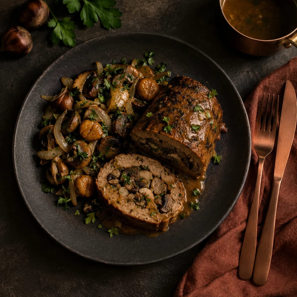 Vegan festive seitan roast with chestnut stuffing