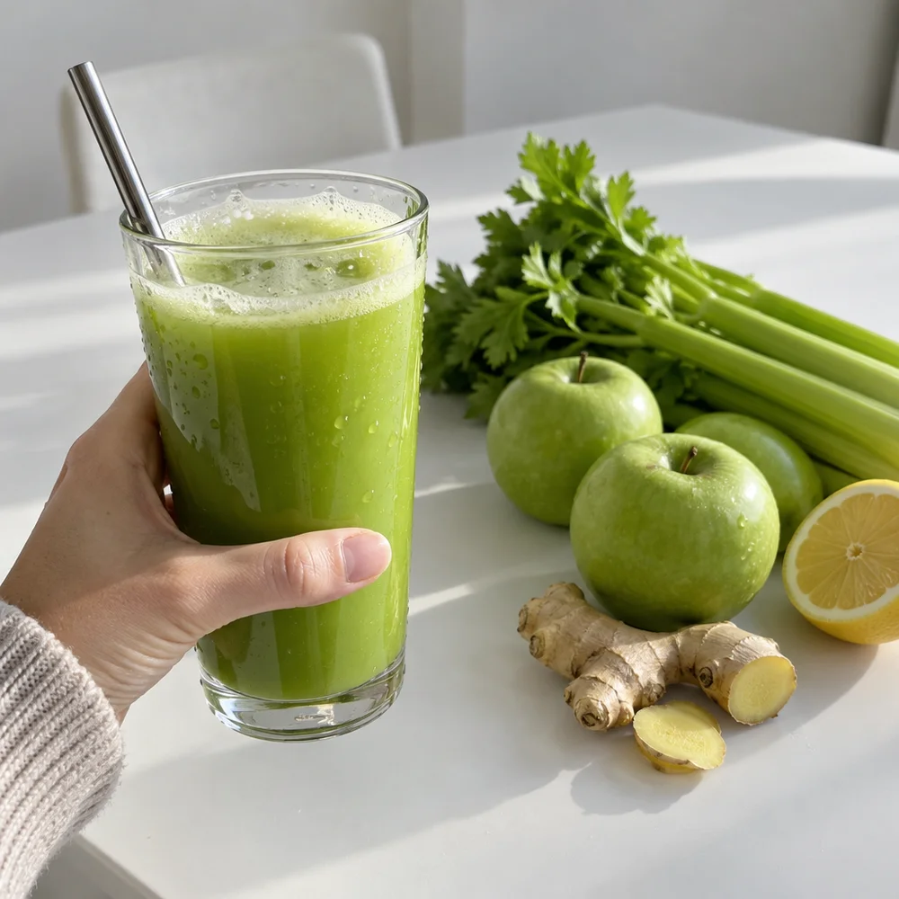 Vegan fresh celery, apple & ginger juice