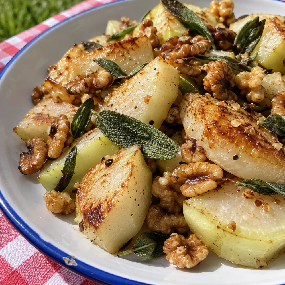 Vegan pan-fried kohlrabi with sage and walnuts