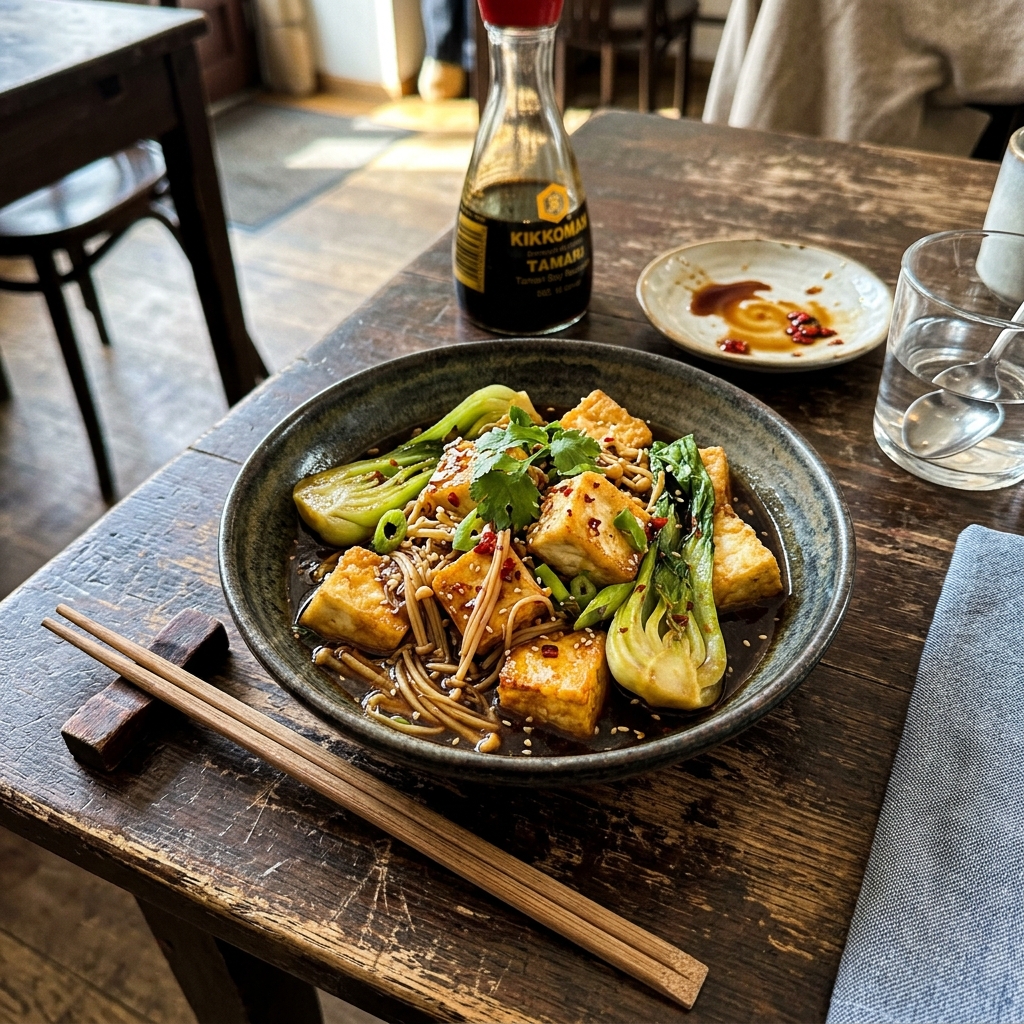 Vegan pan-fried silken tofu with enoki and pak choi