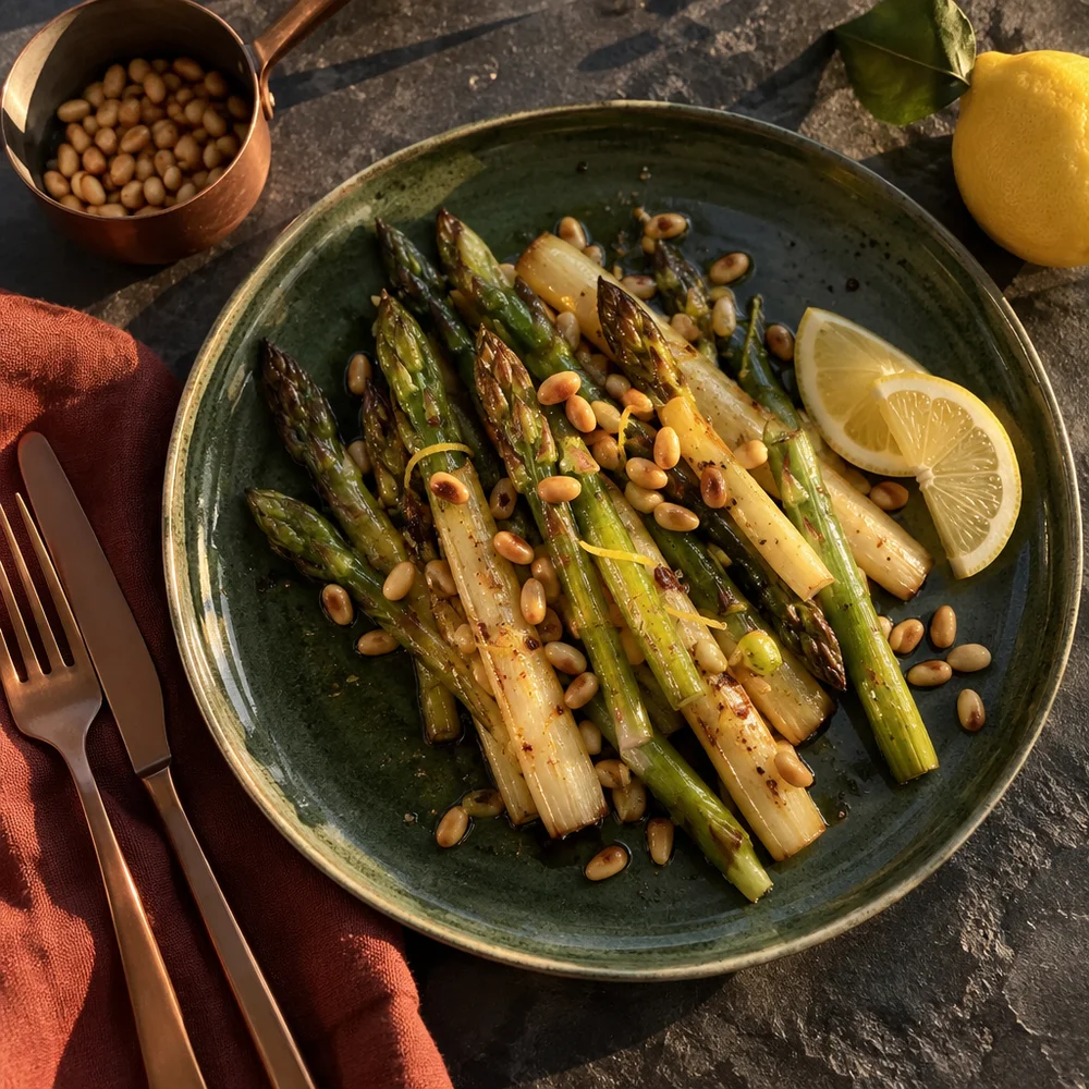 Vegan pan-fried asparagus with pine nuts and lemon