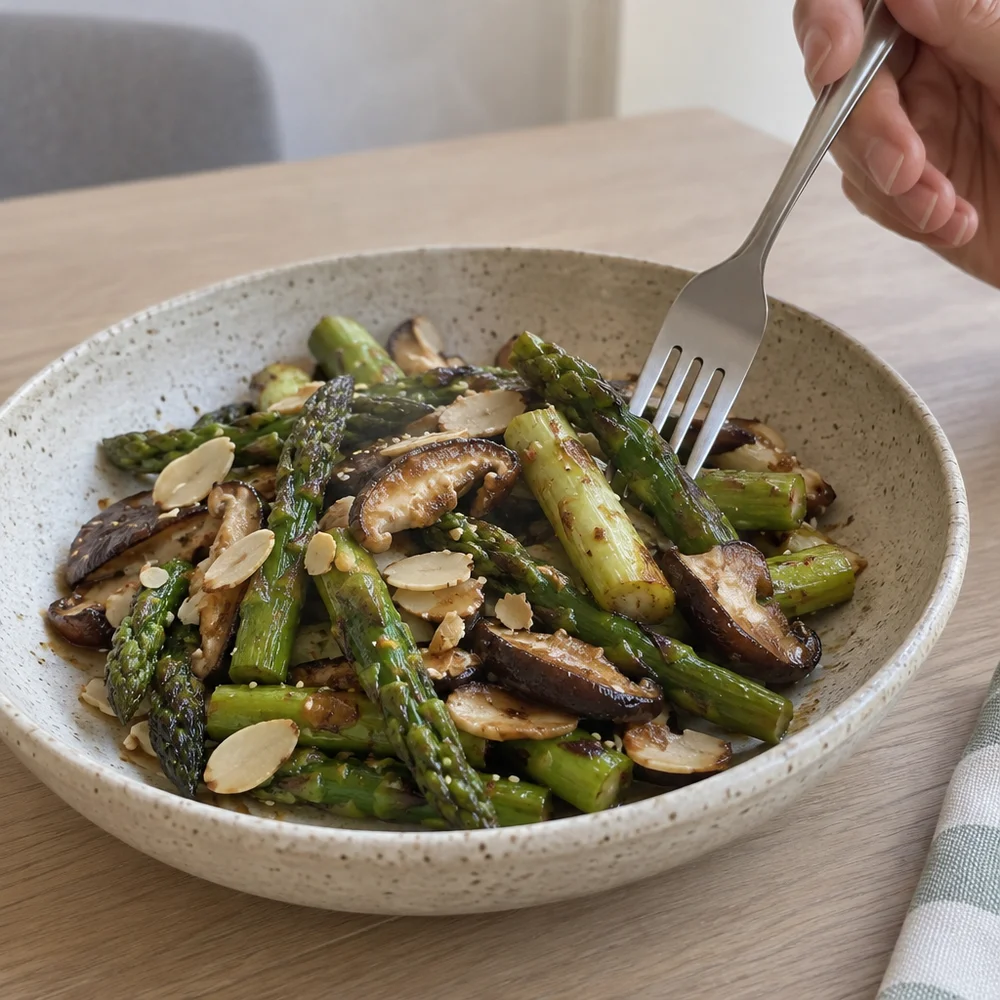 Vegan pan-fried asparagus with shiitake