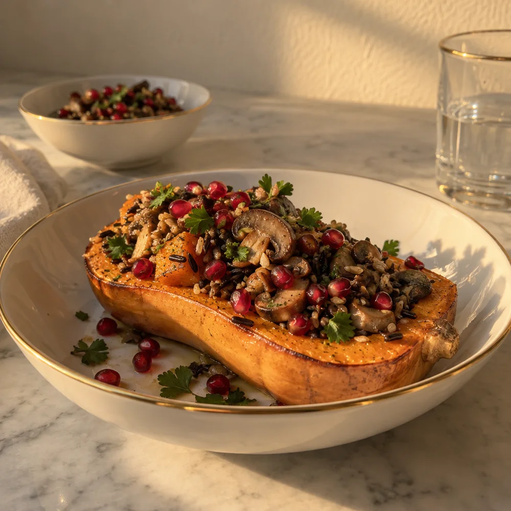 Vegan stuffed butternut squash with wild rice, mushrooms and pomegranate