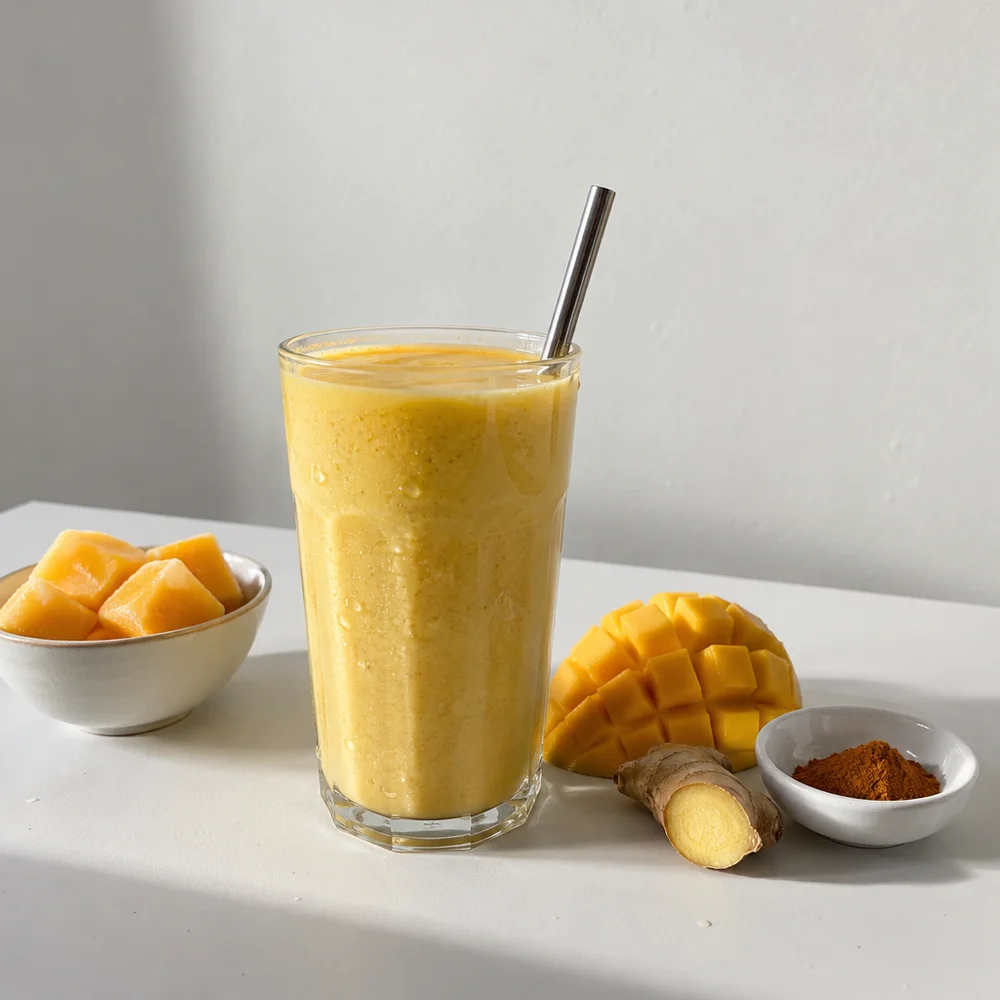 Vegan golden milk smoothie with turmeric and mango