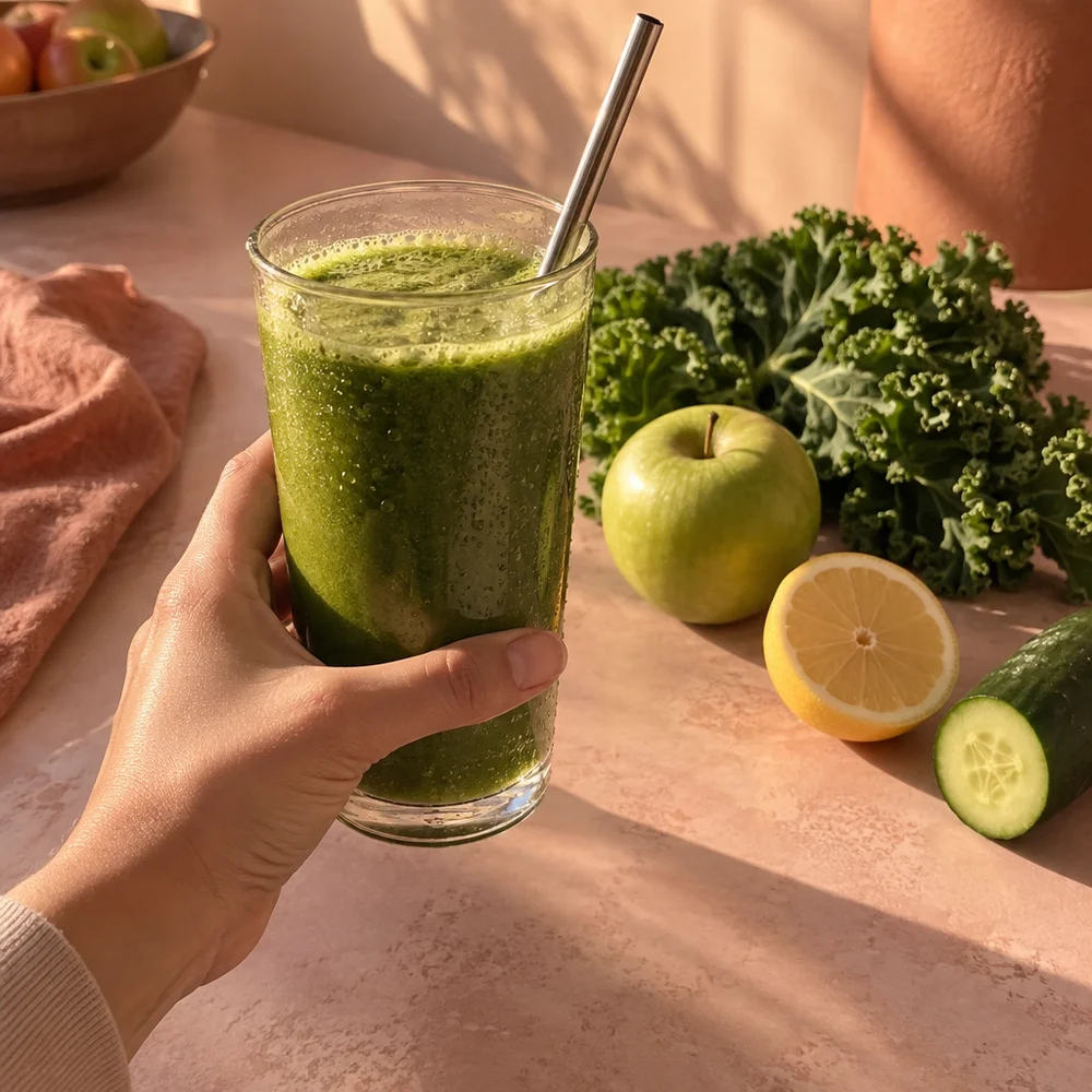 Vegan green juice with kale, apple and lemon