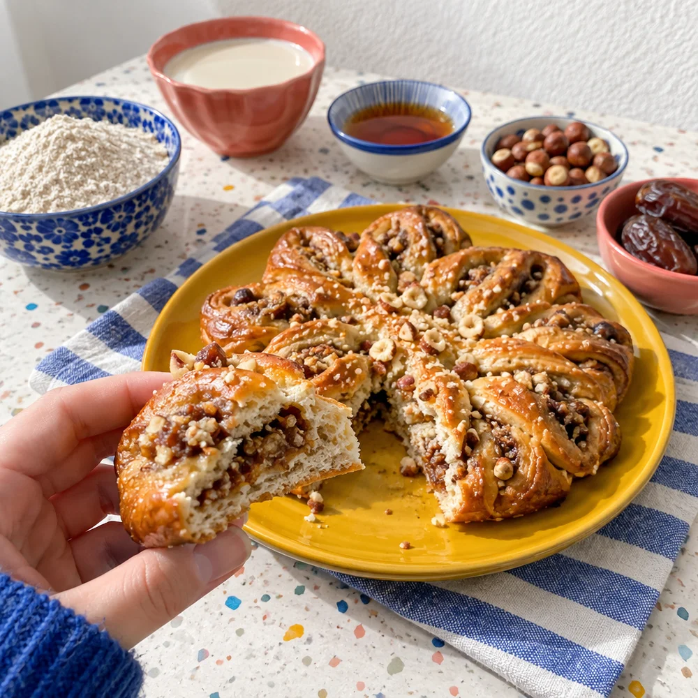 Vegan yeasted star bread with hazelnut and date filling