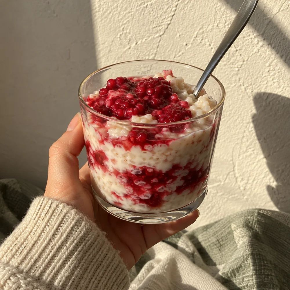 Vegan raspberry and oat rice pudding